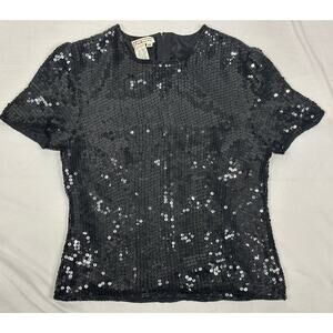 Vintage Talbots Women's XS Black 100% Silk Sequin Short Sleeve Evening Top